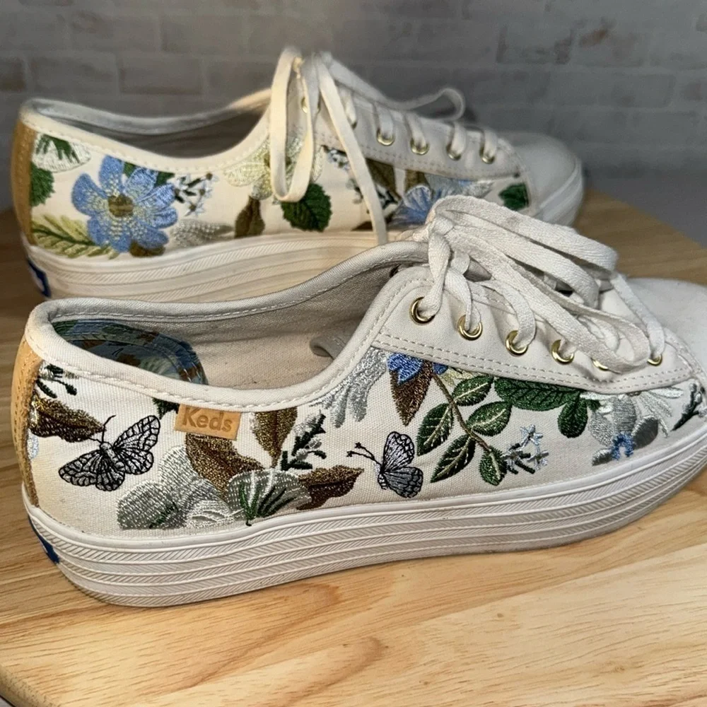 Rifle Paper Keds Triple Kick Blue Fields Embroidered Floral Casual Sneaker Shoes